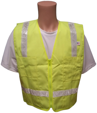 Lime Surveyors Safety Vest with Silver Stripes and Pockets Front