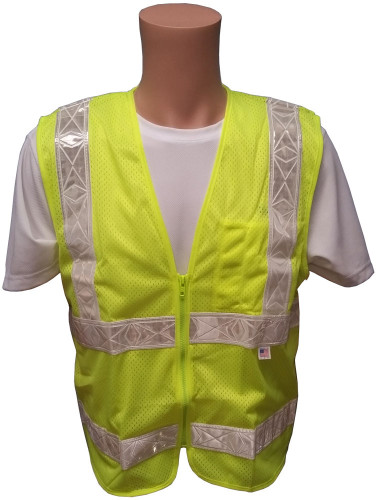 ANSI 2004 Sleeveless Class 2 Double Stripe LIME Mesh Safety Vests - Silver Stripes Front