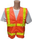 ANSI 2004 Sleeveless Class 2 Double Stripe Orange Mesh Safety Vests -Lime Stripes Front