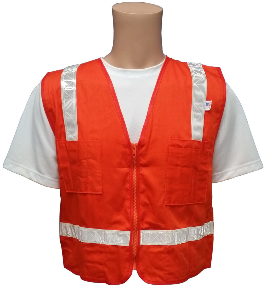Cotton Orange Surveyors Safety Vest, Silver Stripes and Pockets, Size XL
