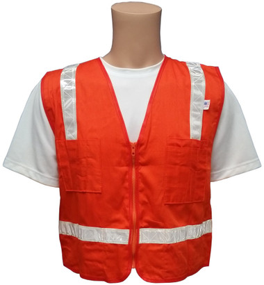 Orange Surveyors Safety Vest with Silver Stripes and Pockets Front