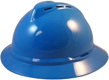 MSA Advance Full Brim Vented Hard hat with 4 point Ratchet Suspension Blue - Oblique View