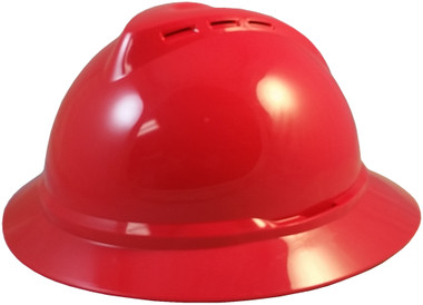 MSA Advance Full Brim Vented Hard hat with 4 point Ratchet Suspension Red - Oblique View