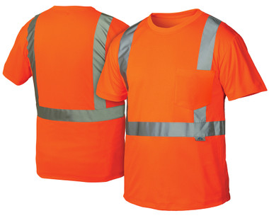 Pyramex Class 2 Hi-Vis Orange T-Shirts, 1 Pocket w/ Silver Stripes