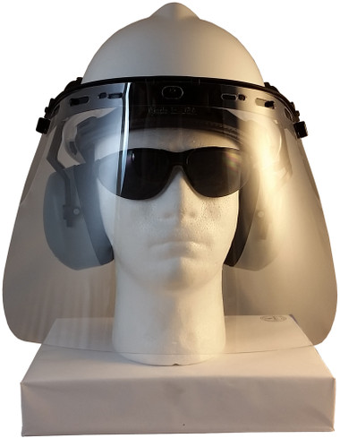 MSA V-Gard Cap Style hard hat with Clear Faceshield, Hard Hat Attachment, and Earmuff - White front