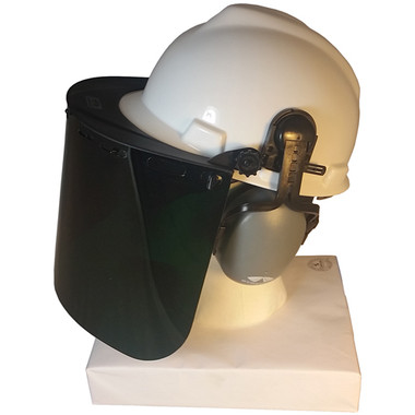 MSA V-Gard Cap Style hard hat with Dark Green Faceshield, Hard Hat Attachment, and Earmuff - White hard hat- right Side