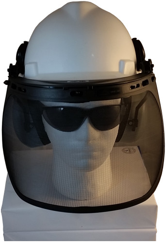 MSA V-Gard Cap Style hard hat with Smoke Mesh Faceshield, Hard Hat Attachment, and Earmuff - White hard hat- front
