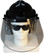 MSA V-Gard Cap Style hard hat with Clear Aluminum Bound Edges Faceshield, Hard Hat Attachment, and Earmuff - Black ~ Front View