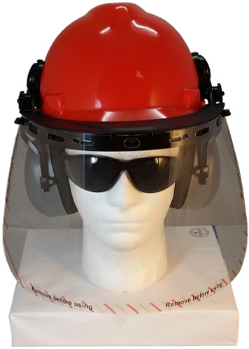 MSA V-Gard Cap Style hard hat with Clear Faceshield, Hard Hat Attachment, and Earmuff - Orange Front