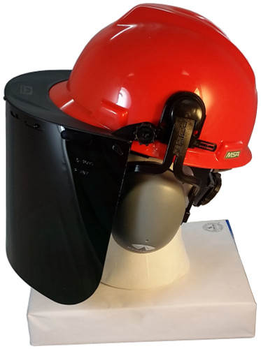 MSA V-Gard Cap Style hard hat with Clear Face shield, Hard Hat Attachment, and Earmuff - Orange Side View Face shield Down