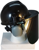 MSA V-Gard Cap Style hard hat with Pyramex Dark Green Faceshields, and Earmuff - Black - Down Position