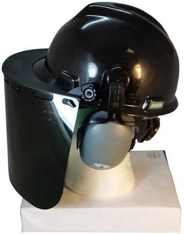 MSA V-Gard Cap Style hard hat with Pyramex Dark Green Faceshields, and Earmuff - Black - Left Side