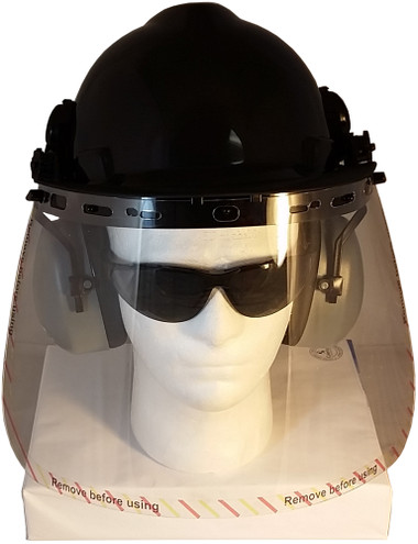 MSA V-Gard Cap Style hard hat with Standard Clear Faceshield Faceshield, Hard Hat Attachment, and Earmuff - Black - Front View Earmuffs Down