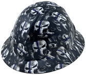 Thin Blue Line USA Flag and Skulls Hydro Dipped Hard Hats Full Brim Style  - Oblique Left
