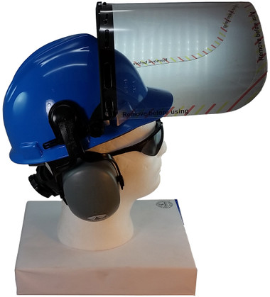 MSA V-Gard Cap Style hard hat with Clear Faceshield, Hard Hat Attachment, and Earmuff -  Up Position