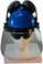 MSA V-Gard Cap Style hard hat with Clear Faceshield, Hard Hat Attachment, and Earmuff - Blue  - Front View Earmuffs Up