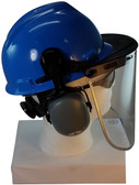 MSA V-Gard Cap Style hard hat with Pyramex Polycarbonate Clear Faceshield with Aluminum Bound Edges - Blue - Down Position