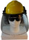 MSA V-Gard Cap Style hard hat with Clear Faceshield, Hard Hat Attachment, and Earmuff - Yellow - Front View Earmuffs Down