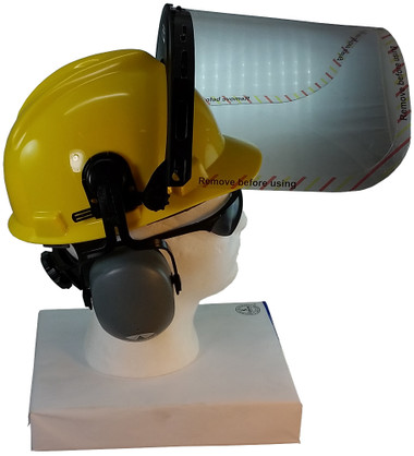 MSA V-Gard Cap Style hard hat with Clear Faceshield, Hard Hat Attachment, and Earmuff - Yellow - Up Position