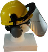 MSA V-Gard Cap Style hard hat with Polycarbonate Clear Faceshield, Hard Hat Attachment, and Earmuff - Yellow  - Partway Up Position