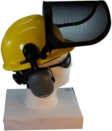 MSA V-Gard Cap Style hard hat with Smoke Mesh Faceshield, Hard Hat Attachment, and Earmuff - Yellow  - Up Position