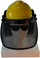 MSA V-Gard Cap Style hard hat with Smoke Mesh Faceshield, Hard Hat Attachment, and Earmuff - Yellow  - Front View Earmuffs Down