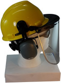 MSA V-Gard Cap Style hard hat with Pyramex Polycarbonate Clear Faceshield with Aluminum Bound Edges - Yellow - Down Position