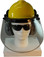 MSA V-Gard Cap Style hard hat with Pyramex Polycarbonate Clear Faceshield with Aluminum Bound Edges - Yellow - Front View Earmuffs Down