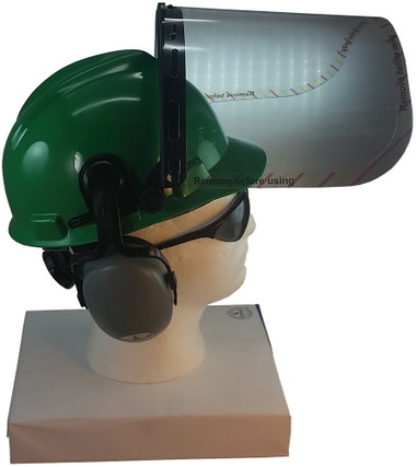 MSA V-Gard Cap Style hard hat with Clear Faceshield, Hard Hat Attachment, and Earmuff - Green - Up Position