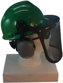 MSA V-Gard Cap Style hard hat with Smoke Mesh Faceshield, Hard Hat Attachment, and Earmuff - Green - Down Position