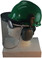 MSA V-Gard Cap Style hard hat with Pyramex Polycarbonate Clear Faceshield with Aluminum Bound Edges - Green - Front View Earmuffs Down