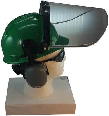 MSA V-Gard Cap Style hard hat with Pyramex Polycarbonate Clear Faceshield with Aluminum Bound Edges - Green - Up Position