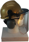 MSA V-Gard Cap Style hard hat with Clear Faceshield, Hard Hat Attachment, and Earmuff - Gold - Down Position