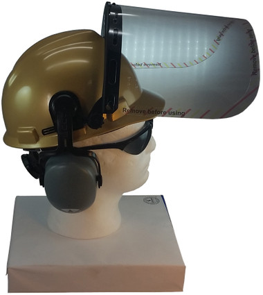 MSA V-Gard Cap Style hard hat with Clear Faceshield, Hard Hat Attachment, and Earmuff - Gold - Up Position