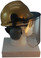 MSA V-Gard Cap Style hard hat with Polycarbonate Clear Faceshield, Hard Hat Attachment, and Earmuff - Gold - Down Position
