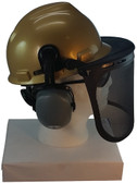MSA V-Gard Cap Style hard hat with Smoke Mesh Faceshield, Hard Hat Attachment, and Earmuff - Gold - Down Position