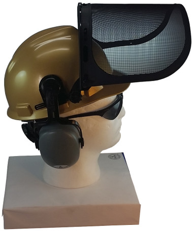 MSA V-Gard Cap Style hard hat with Smoke Mesh Faceshield, Hard Hat Attachment, and Earmuff - Gold - Up Position