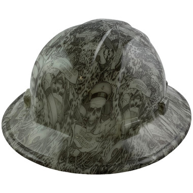 GLOW IN THE DARK Skeleton Sailors Style Full Brim Hydro Dipped Hard Hats - Oblique View