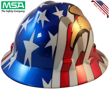 MSA Freedom Series Full Brim American Flag Hard Hats with 2 Eagles - Staz On Suspension - Oblique View
