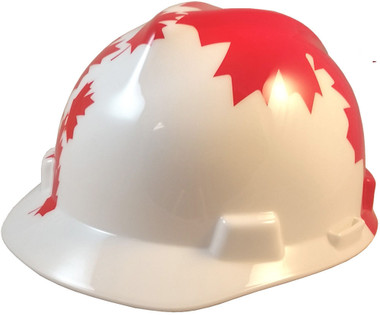MSA Freedom Series Hard Hat with White Shell, Canadian Flag - Staz On Suspension - Oblique View