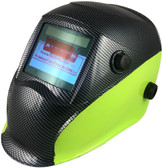 Hydro Dipped Auto Darkening Welding Helmet – 50/50 Carbon Fiber/Lime Design ~ Left Side Oblique View