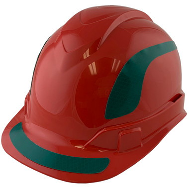 Pyramex Ridgeline Cap Style Hard Hats Red with Green Reflective Decals Applied