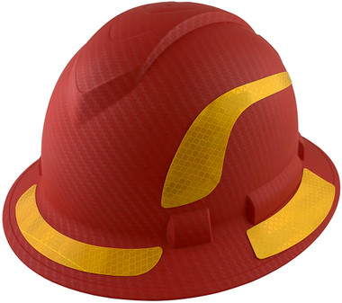 Pyramex Ridgeline Full Brim Style Hard Hat with Red Pattern with Yellow Decals - Oblique View