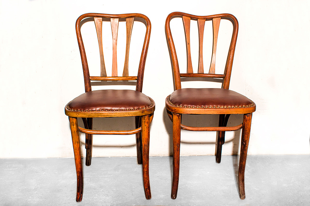 SOLD - Pair of Rare Thonet Bistro Chairs with Leather Seats