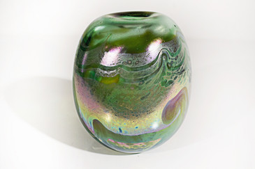 SOLD - Iridescent Pulled Feather Green and Gold Rainbow Vase, 1977