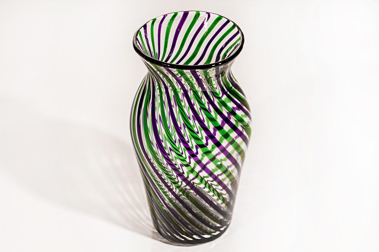SOLD Delicate Green and Purple Ribbon Swirl Glass Vase, Signed