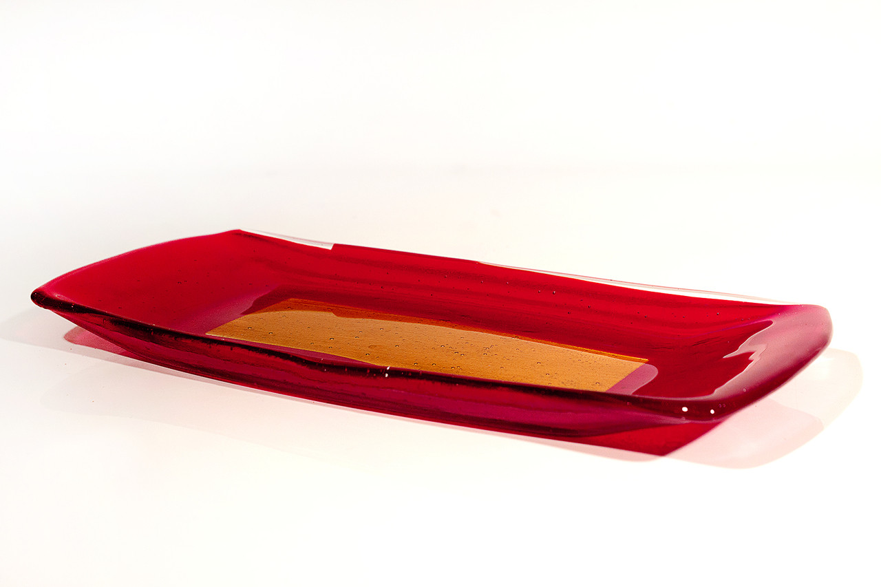 SOLD Fabulous Red & Yellow Art Glass Tray, Signed Rehab Vintage