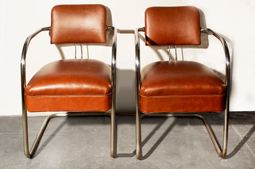 SOLD - Pair of 1930s Chromcraft Cantilever Armchairs in Leather