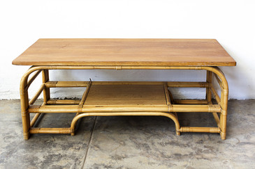 SOLD - 1940s Rattan Coffee Table with Mahogany Top