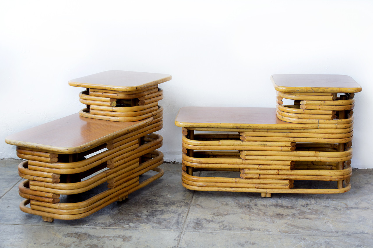 Sold Pair Of Paul Frankl Style Stacked Rattan Side Tables